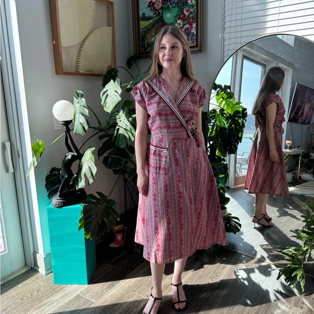 VINTAGE Cotton Belle by Majestic Pink Wrap Front Paisley Midi Dress EUC